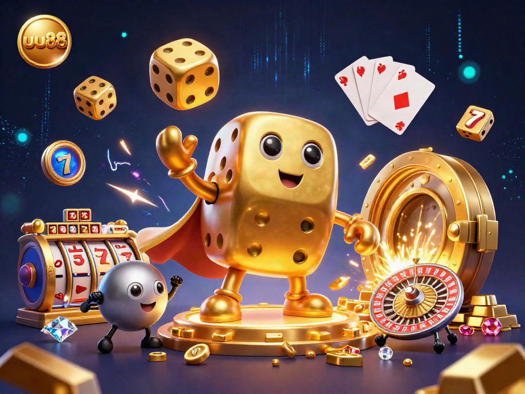 Play exciting games at uu88 with vibrant casino elements in this immersive illustration.