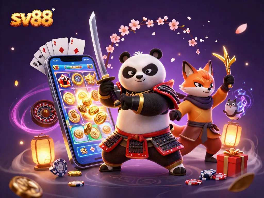 Experience thrilling gameplay at sv88 with samurai panda and ninja fox in a vibrant casino scene.