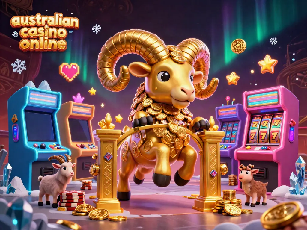 Engage with the dynamic scene of a golden ram charging at a casino gate, showcasing vibrant arcade elements, reflecting the thrill of australian casino online.