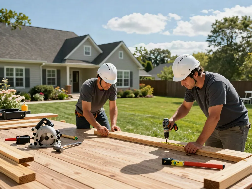 Deck Builders Eastwood constructing a beautiful outdoor deck with teamwork and precision.