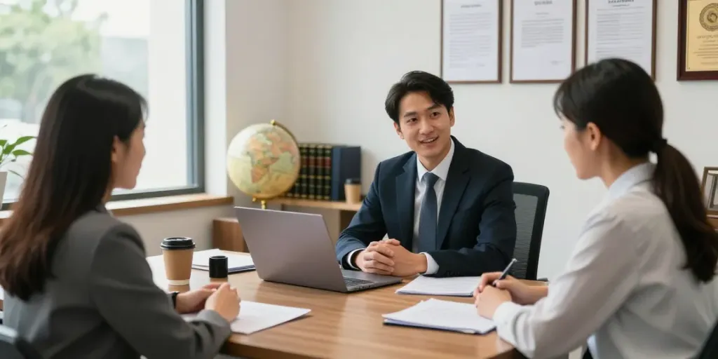 Find immigration attorney consulting in a warm law office with documents and legal resources.