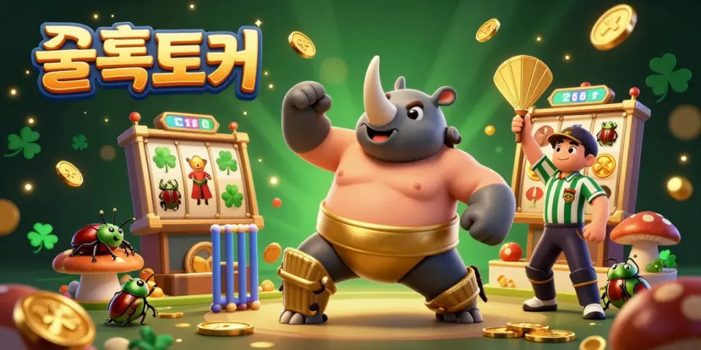 Experience the excitement of 슬롯토커 with a vibrant scene featuring a rhinoceros beetle and slot machines