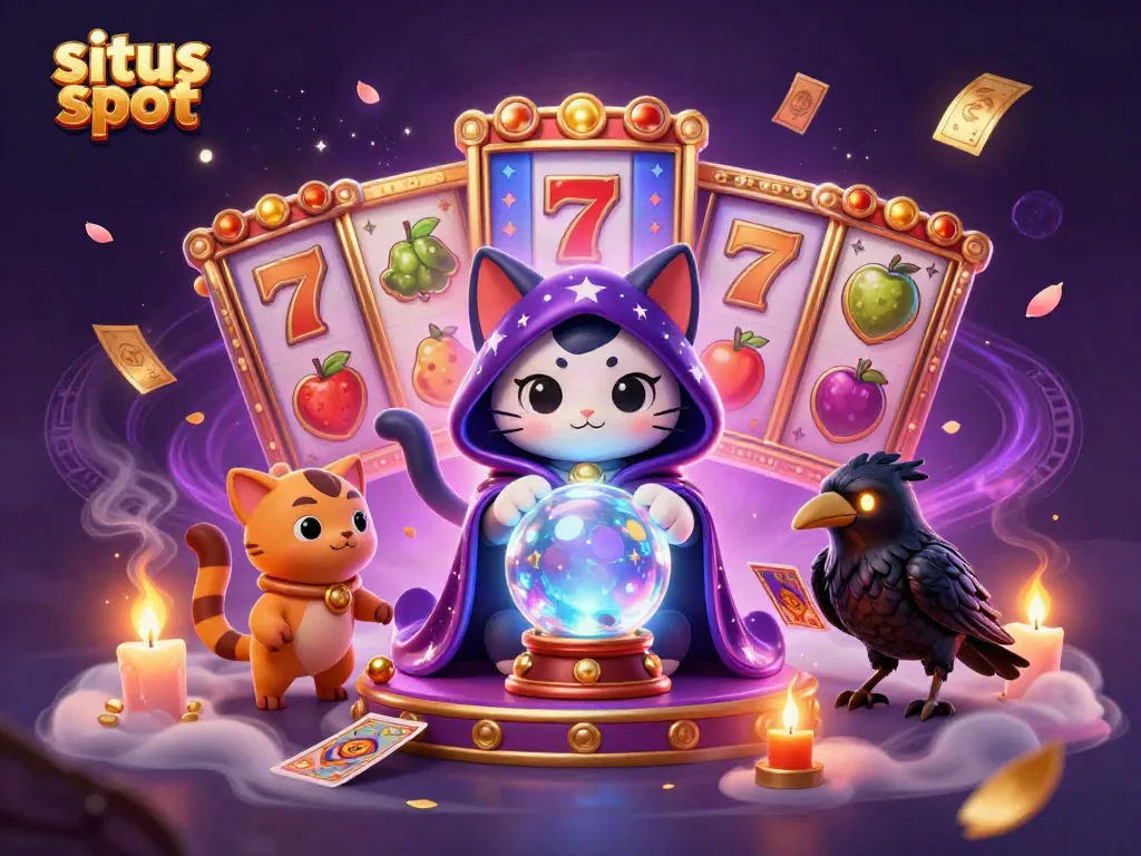 Engage in situs slot gaming with a mystical fortune teller cat and a tarot-raven duo in a vibrant casino scene.