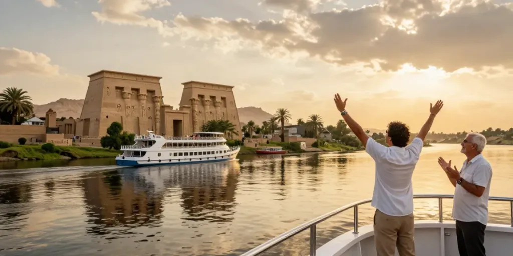Luxor and Aswan Nile cruise experience with traveler enjoying the scenic views of historical sites along the Nile.