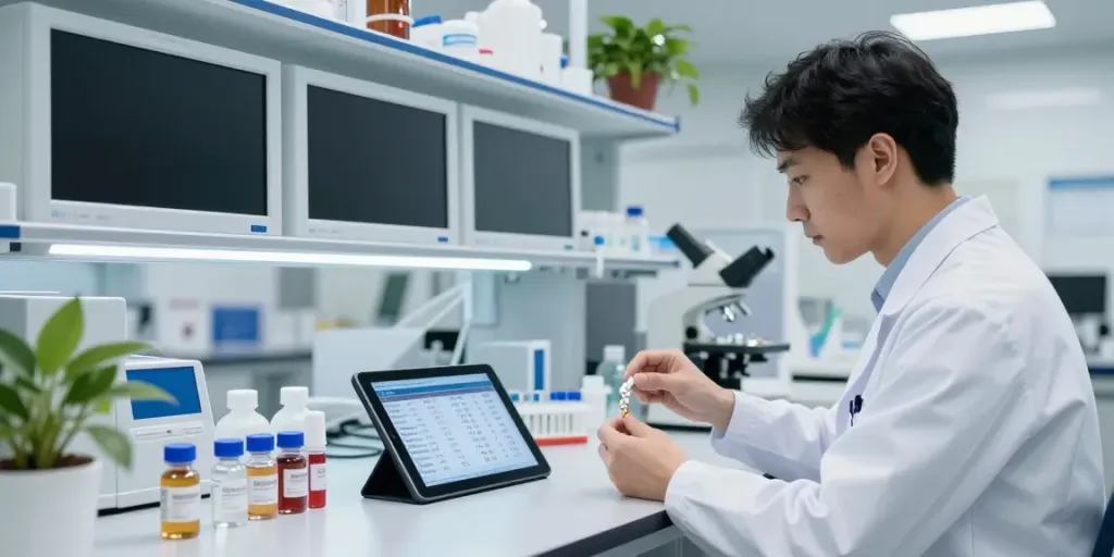 Scientist evaluating peptide samples with peptideprice tool on tablet in modern lab