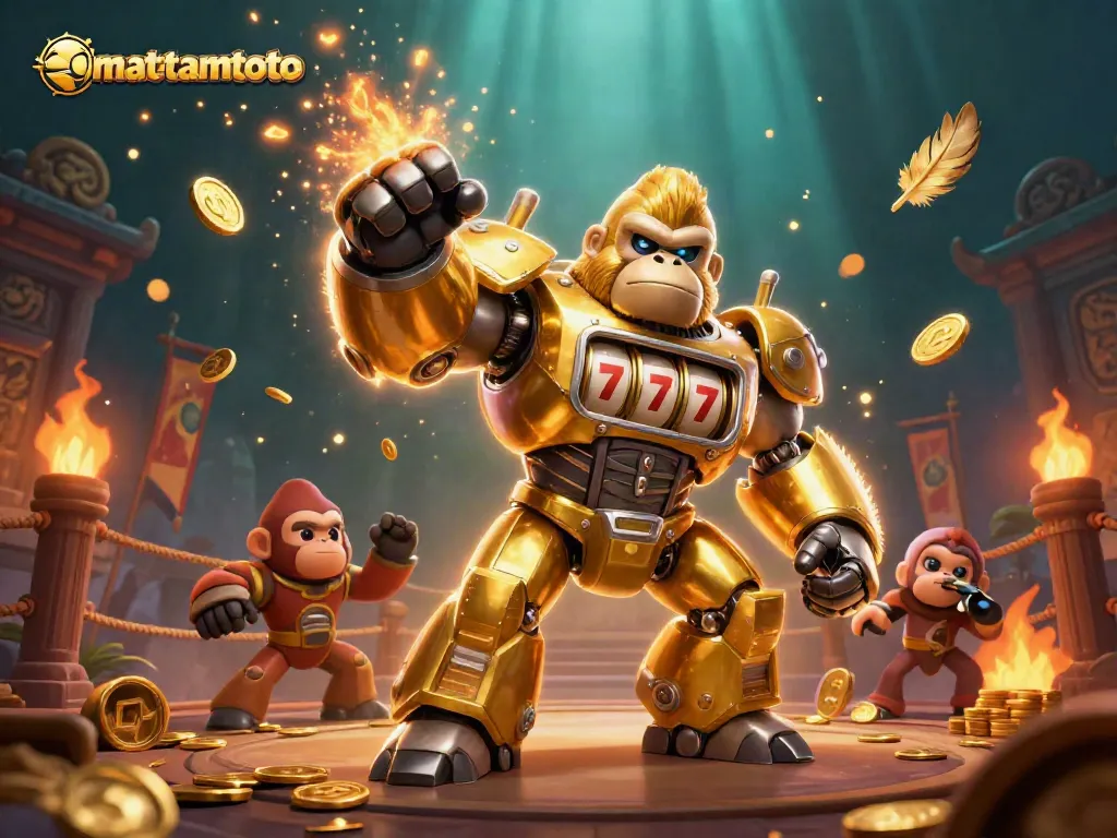 Experience the thrilling adventure of mataramtoto with a golden gorilla mech and coins exploding in vibrant action!