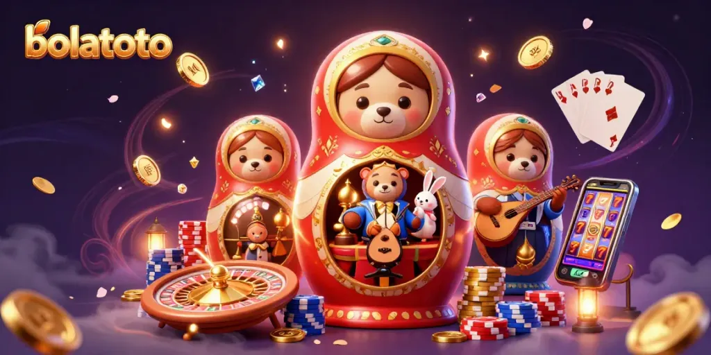 Experience bolatoto's thrilling casino atmosphere with a vibrant 3D illustration of cartoon bears and casino elements.