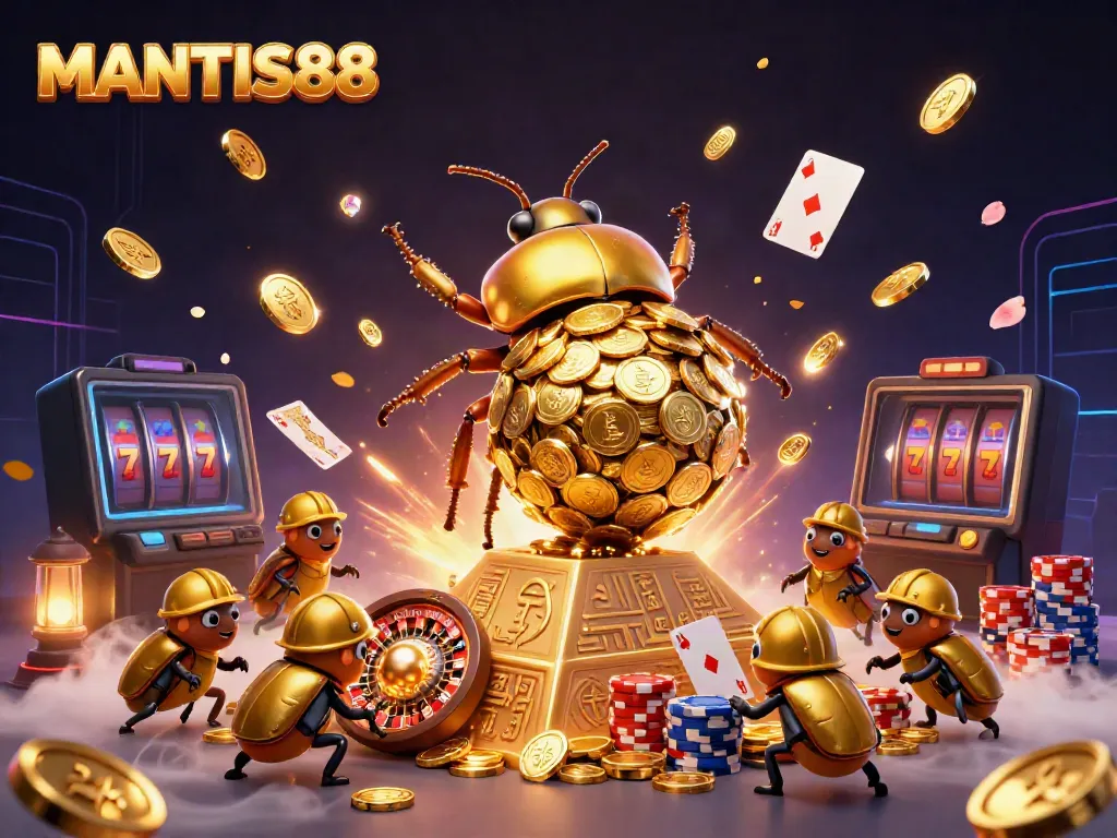 MANTIS88 showcases a dynamic scene with golden beetles and cascading coins in a vibrant casino world.