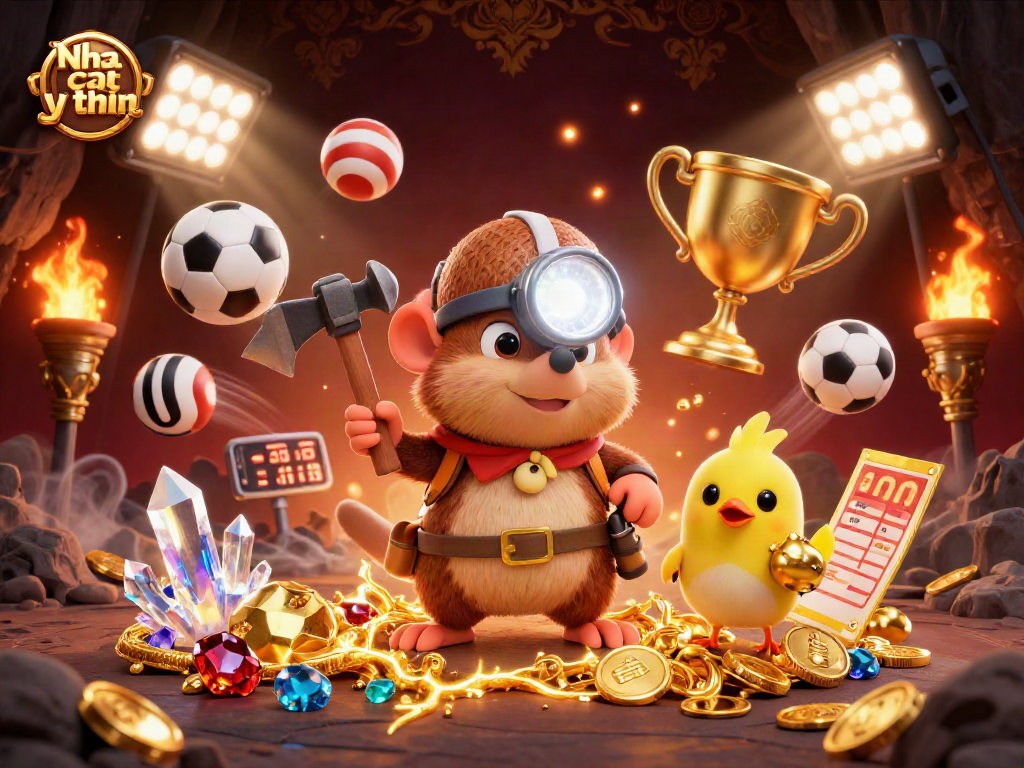 Nha cai uy tin showcases thrilling sports betting excitement with a treasure hunting mole and dynamic elements.