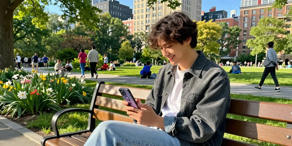 Young person in park discovering how old do I look using a smartphone app.