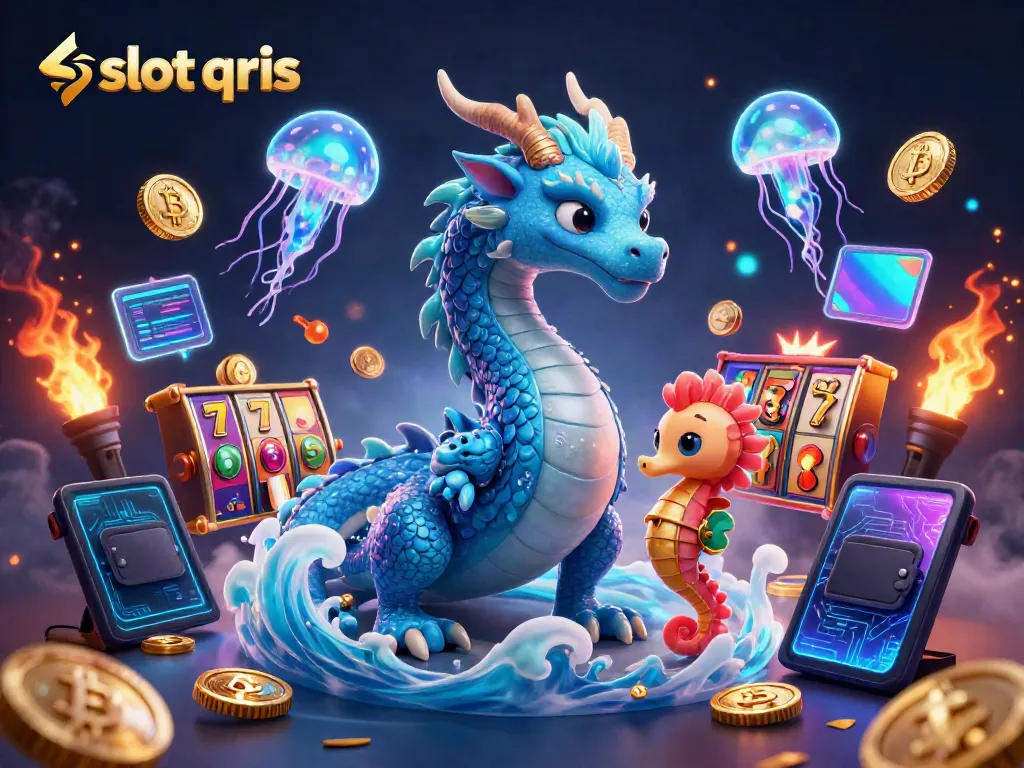 Get ready to win with slot qris in this dynamic scene featuring dragons, reels, and crypto coins.