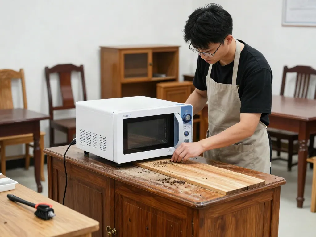 Shashel® microwave wood treatment eliminating wood-boring insects in a clean workshop setting.