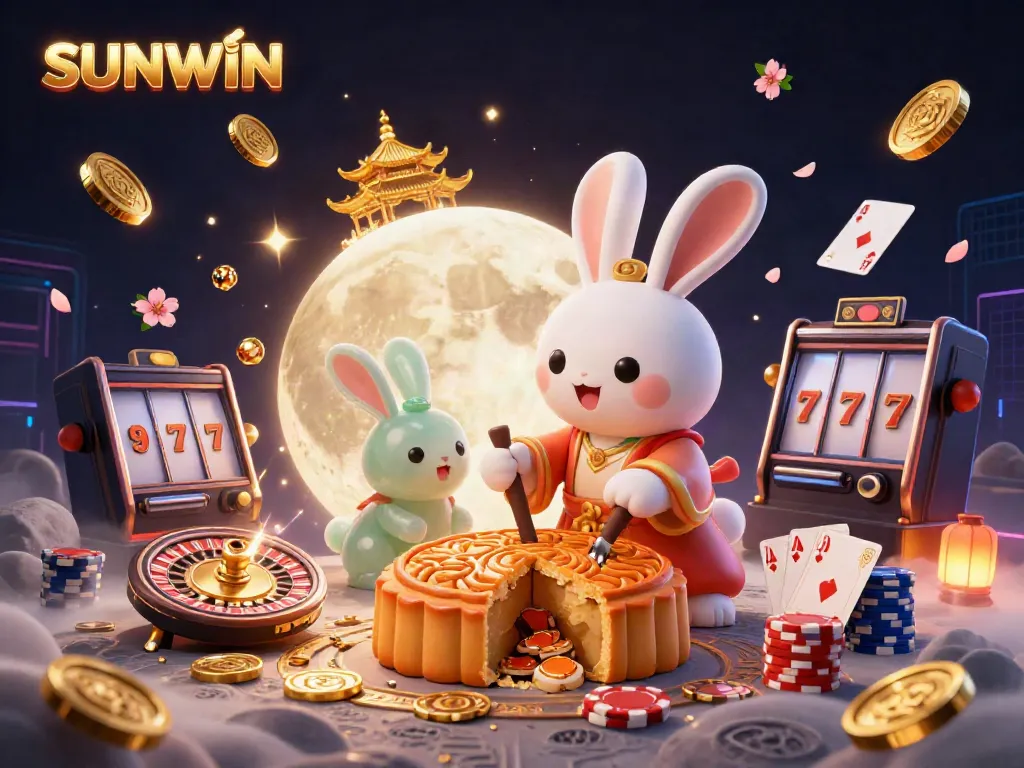 SUNWIN showcases a 3D rabbit pounding mooncakes revealing poker chips amidst cascading golden coins and vibrant casino elements.