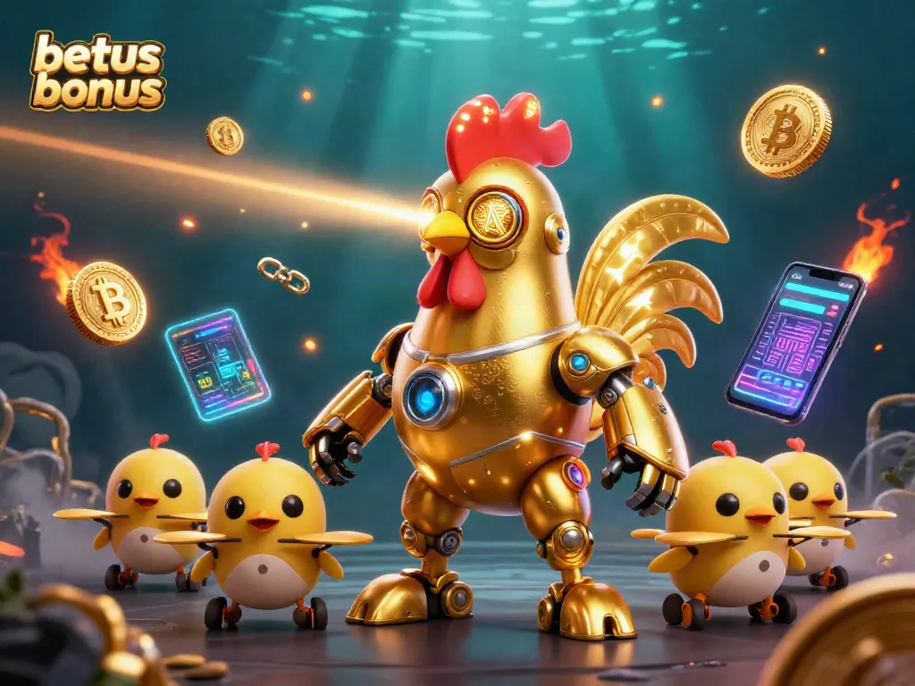 Engrave winning patterns with betus bonus in vibrant 3D casino scene featuring a golden rooster robot.