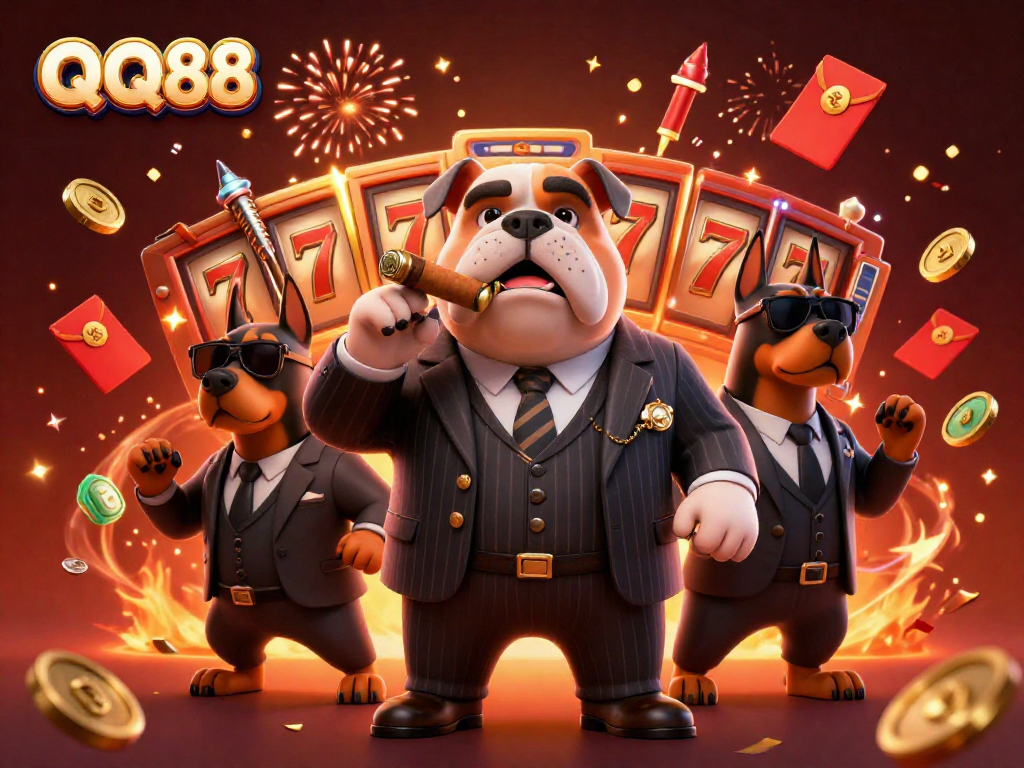 Bet on QQ88 with a dynamic 3D illustration featuring a mafia bulldog and Doberman bodyguards among slot elements.