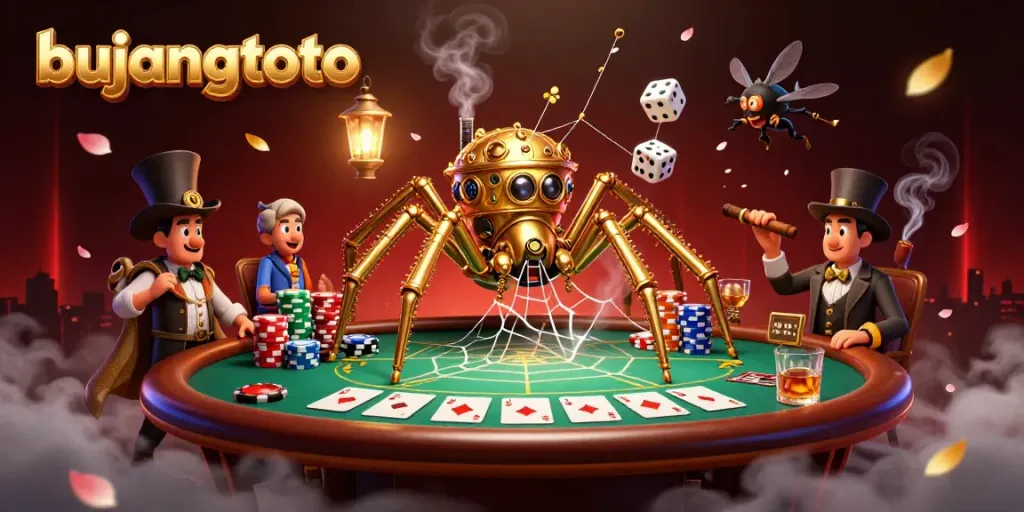 Experience the thrill of bujangtoto with a steampunk-themed casino adventure illustration showcasing poker elements and a whimsical scene.