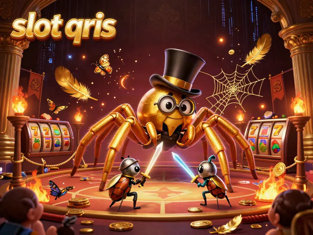 Experience the thrill of slot qris with a vibrant casino scene featuring a giant tarantula and a knight.