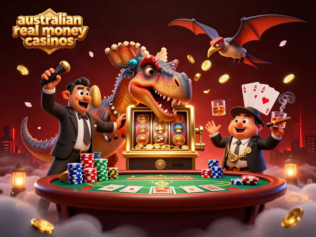 Experience the excitement of australian real money casinos with animated characters celebrating a jackpot.