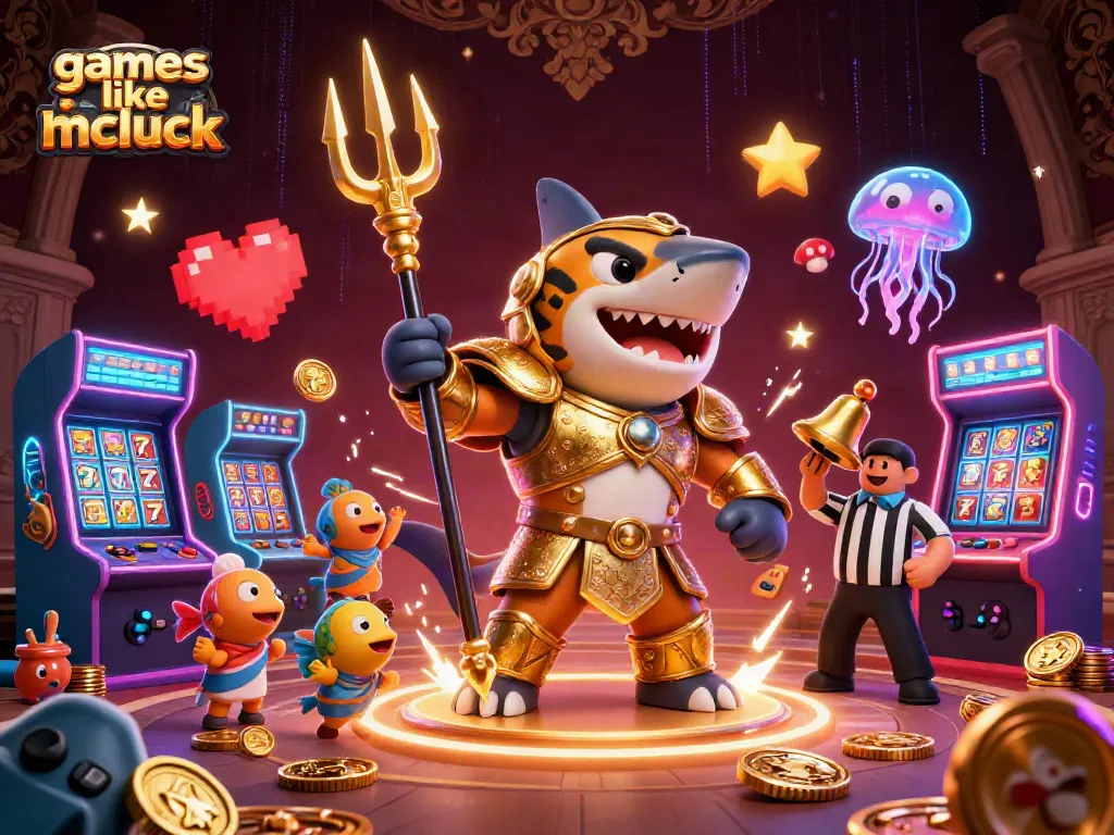 Play games like mcluck with a vibrant 3D casino scene featuring a tiger shark in gladiator armor.
