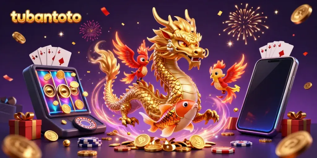 Experience thrilling gameplay at tubantoto; illustration featuring a dragon, phoenix, and golden koi in a vibrant casino scene.