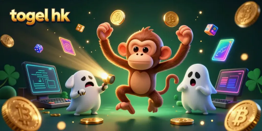 Menghadirkan togel hk, ilustrasi kasino berhantu dengan hantu dan koin emas yang melayang