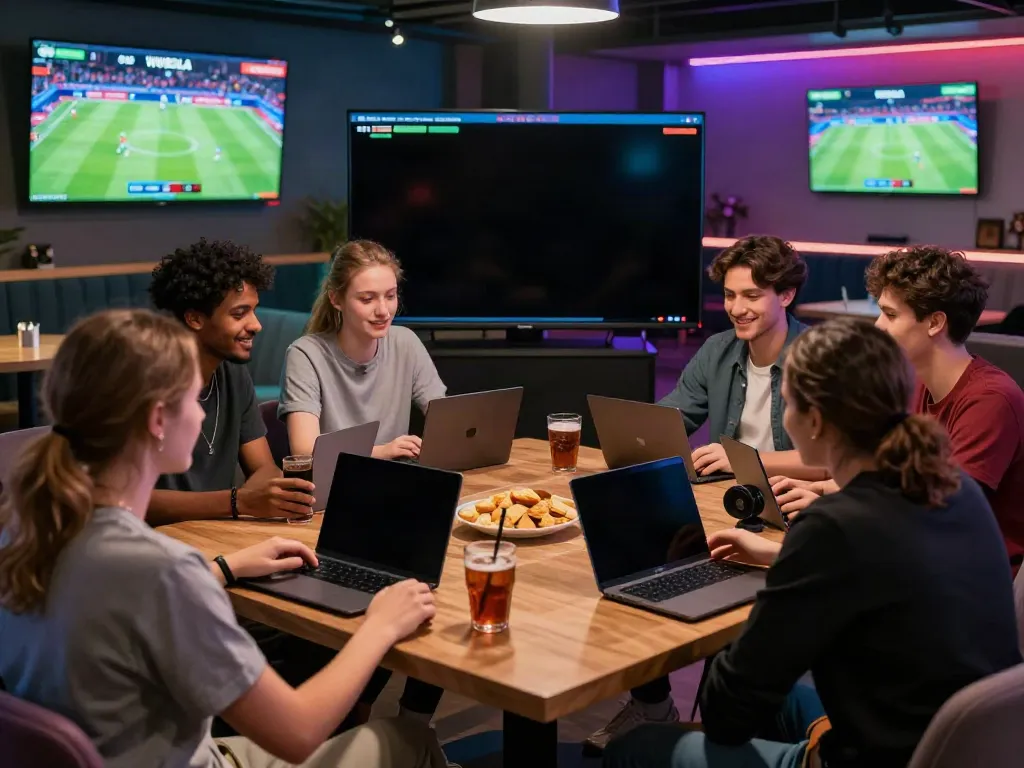 High-energy sports betting scene with friends exploring WWBOLA platform for soccer odds.