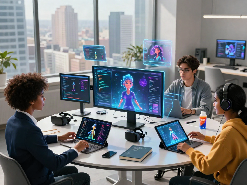 Character AI NSFW developers collaborating in futuristic workspace with holographic displays and vibrant code.