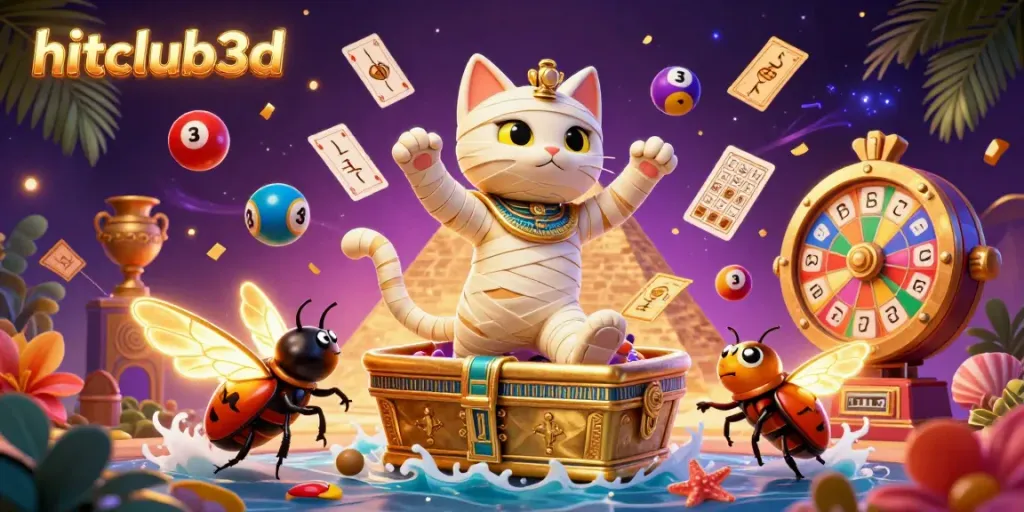 Join the fun at hitclub3d with a colorful pyramid casino scene featuring a mummy cat and a scarab companion bursting with excitement.