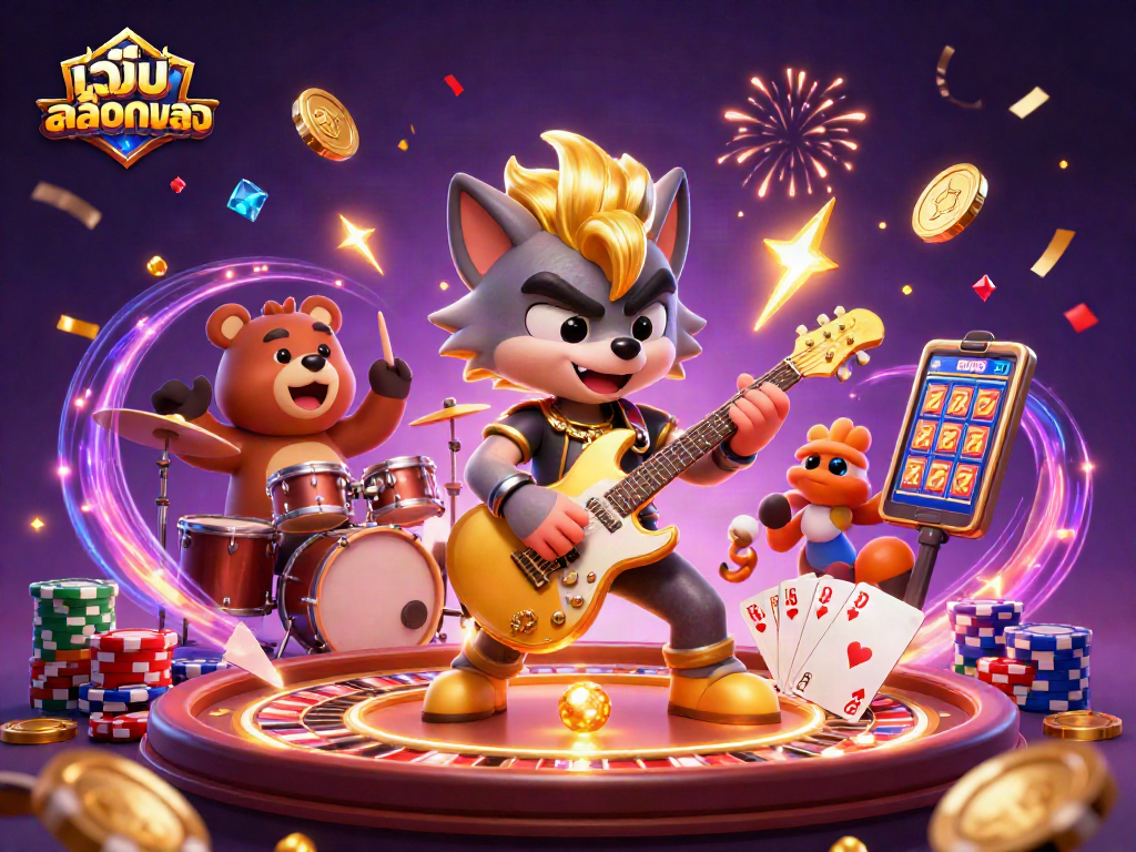 Experience excitement with เว็บสล็อตตรง as a rock star wolf and drummer bear bring the casino to life.