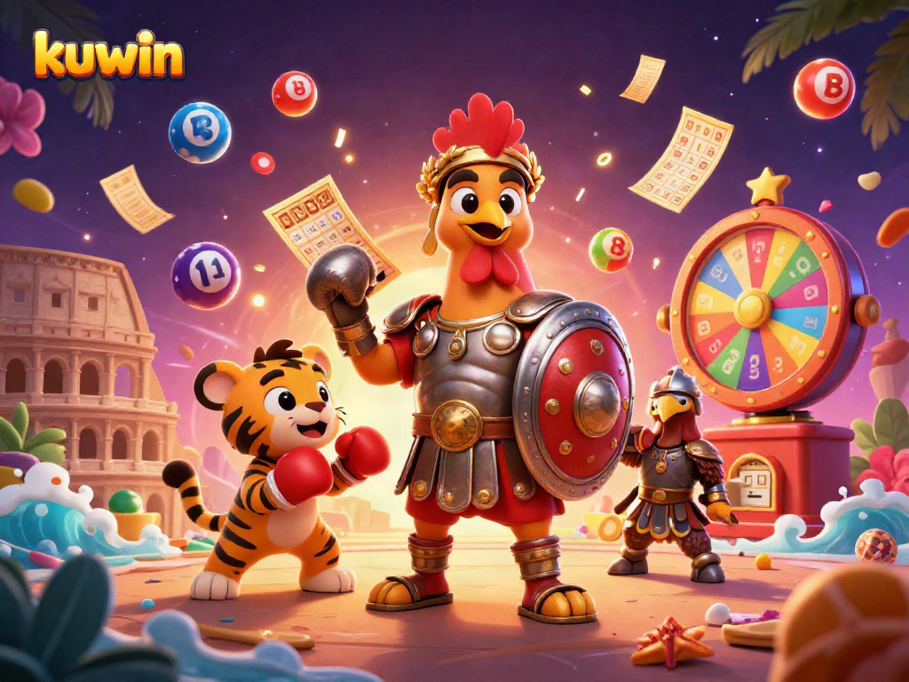Kuwin betting strategies illustrated with vibrant characters, lottery elements, and an engaging casino atmosphere.