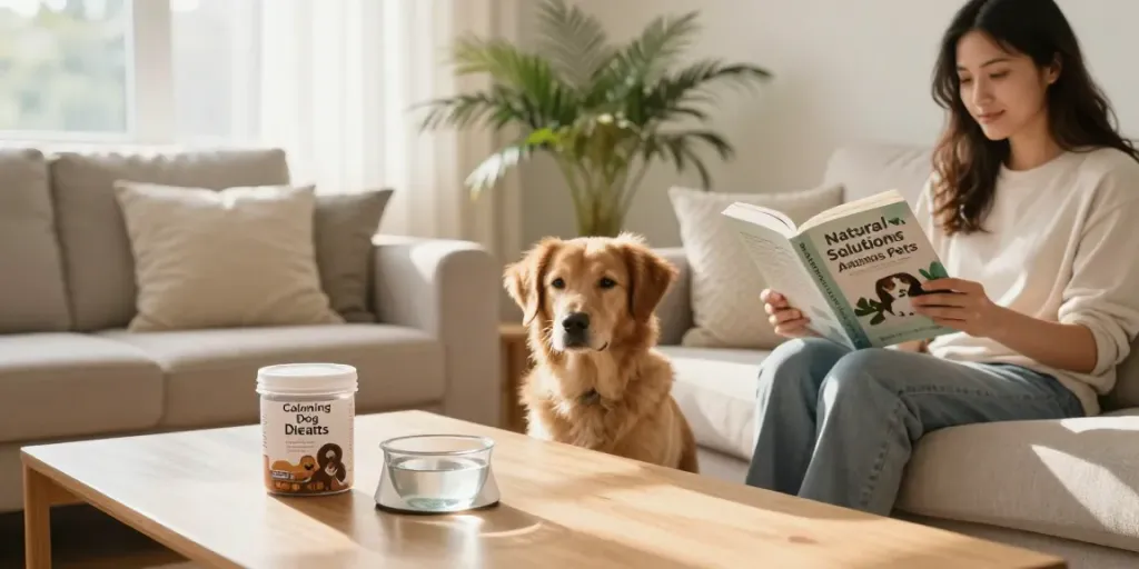 Calming Dog Treats featuring natural ingredients, promoting wellness for anxious pets in a cozy living environment.