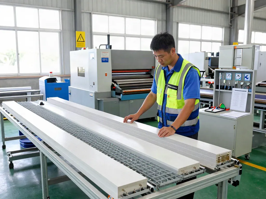 Engineered Composites technician inspecting GRP products in a bright manufacturing facility.