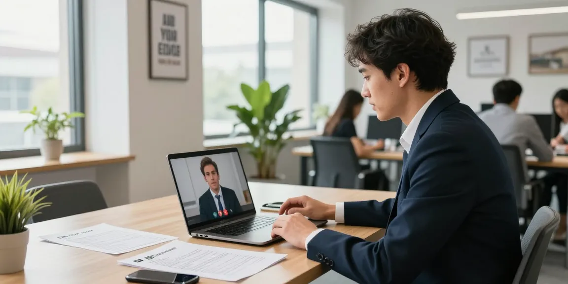 Job seeker in business attire engaging in a video interview while หางาน and reviewing notes and resume in a modern office.