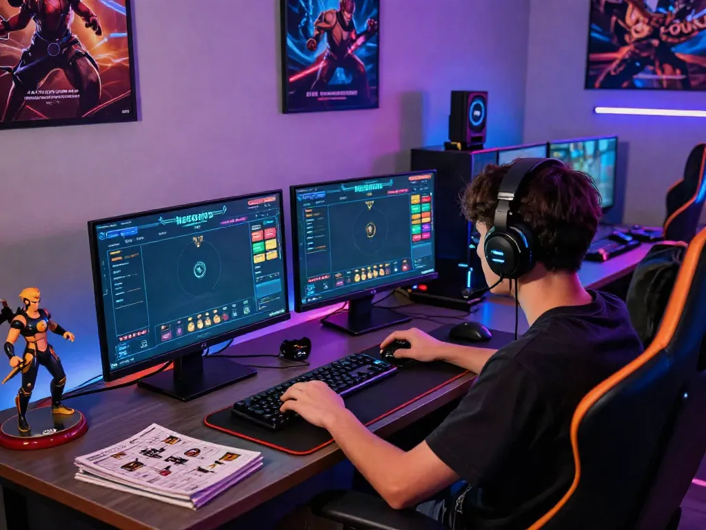 Engaged player navigating hargatoto online gaming platform with vibrant screens and gaming setup.