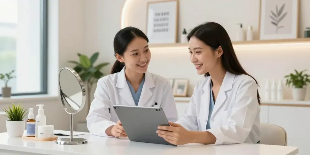 Consultation scene showcasing alternatives to QOVES with patient discussing facial analysis.
