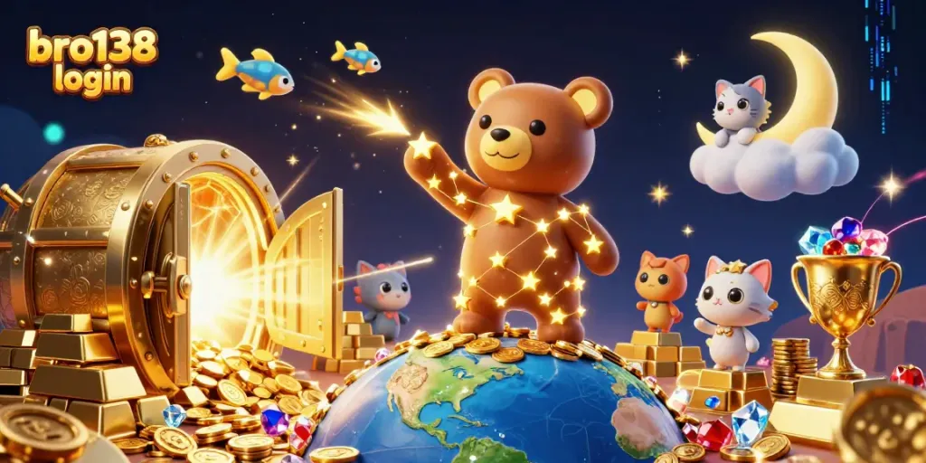 Experience winning excitement with bro138 login, featuring a constellation bear and treasure elements in a vibrant casino scene.