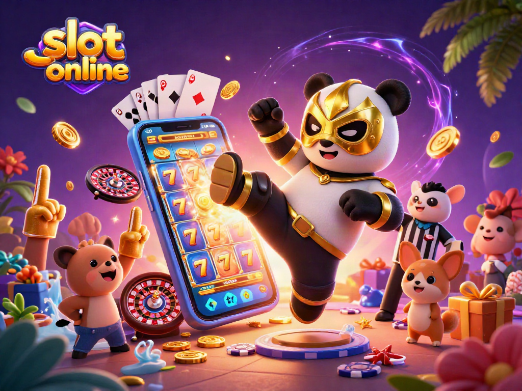Rasakan keseruan slot togel online dengan panda pejuang dan suasana kasino yang penuh warna.