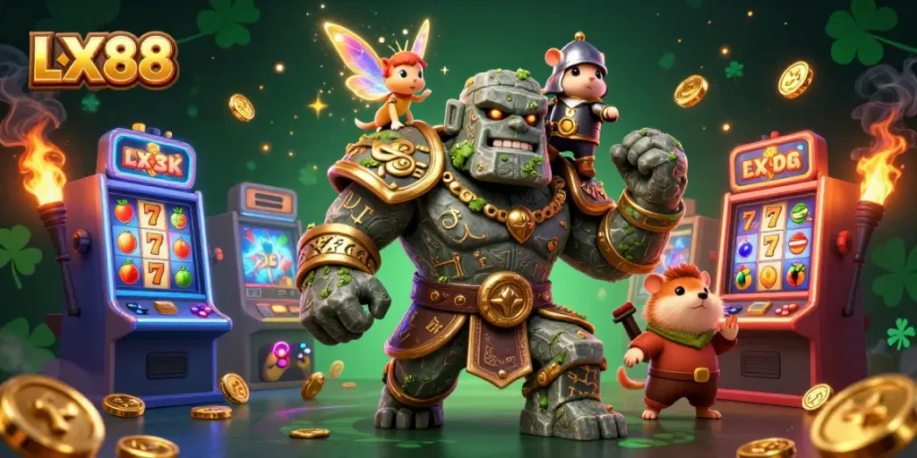 Play and win big with LX88 in this vibrant 3D casino scene filled with slot machines and magical characters.