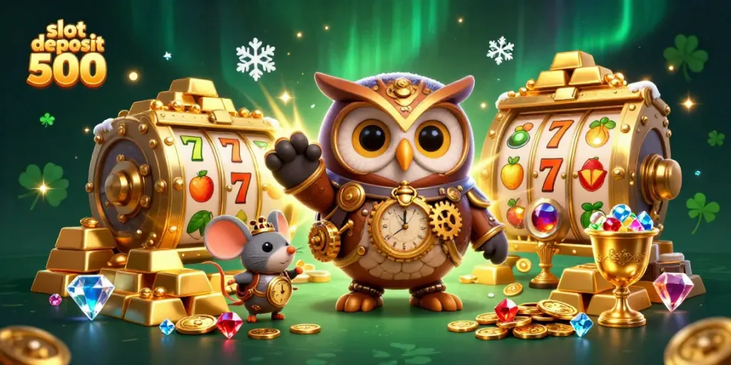 Engage with the thrilling slot deposit 500 adventure featuring cartoon characters amid gold and jewels.