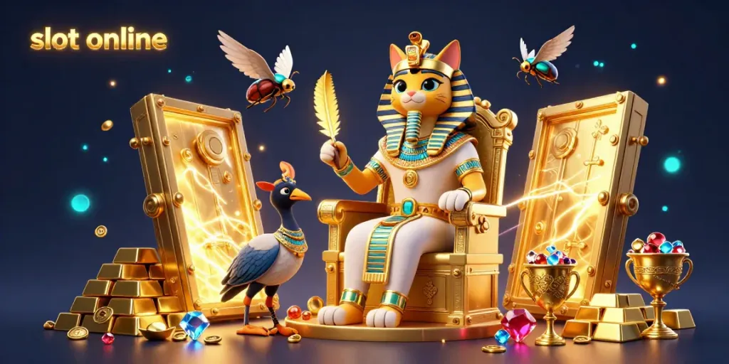 Spin the reels of slot online with a vibrant pharaoh-themed 3D scene filled with treasures.