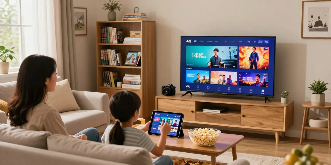 Ervaar nederland iptv met een gezin dat samen geniet van 4K films en series in hun knusse woonkamer.