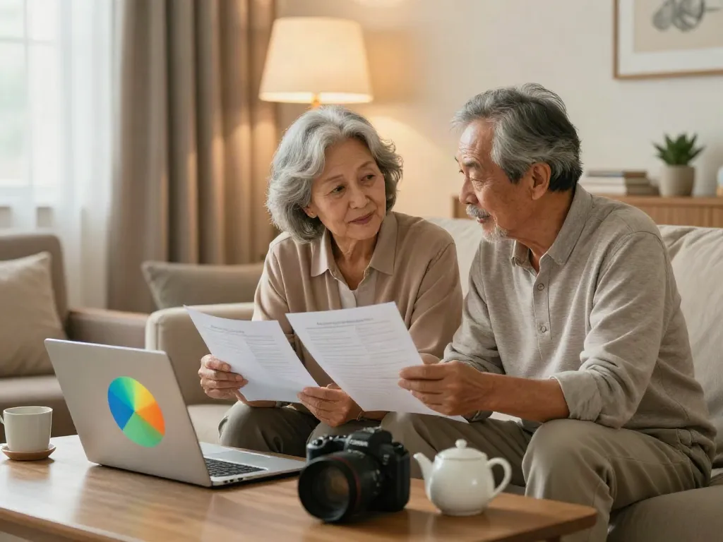 The couple reviewing reverse mortgage options in a cozy living room, exploring which banks offer reverse mortgages in Australia.
