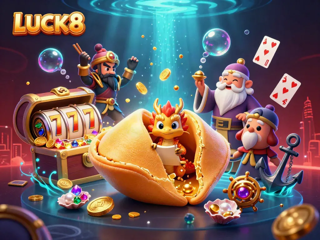 LUCK8 reveals giant golden fortune cookie surrounded by casino elements, inviting players to win big.