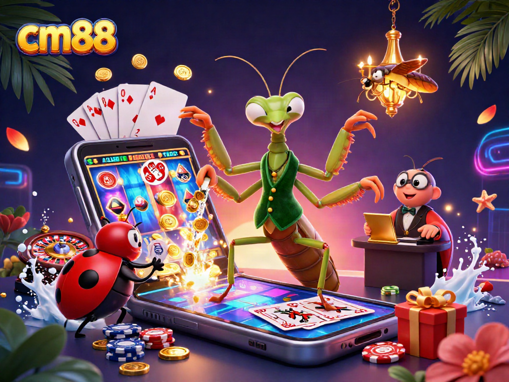 Engage with cm88, featuring a vibrant gaming scene with creative characters and slot action.