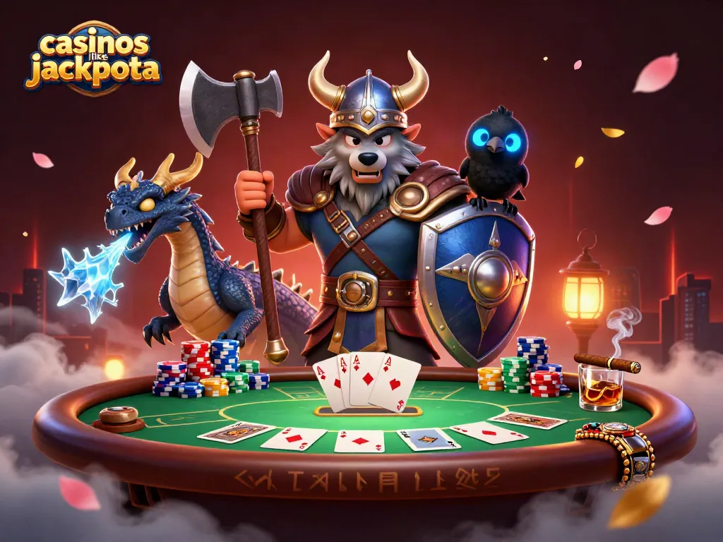 Engage with casinos like jackpota showcasing a Viking wolf, dragon, and raven at a poker table.