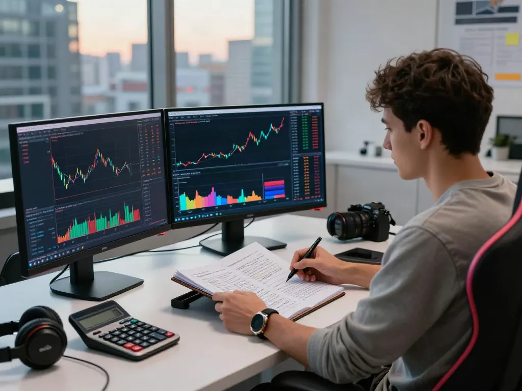 Trader analyzing TradingView charts in a modern workspace with multiple screens displaying market data.