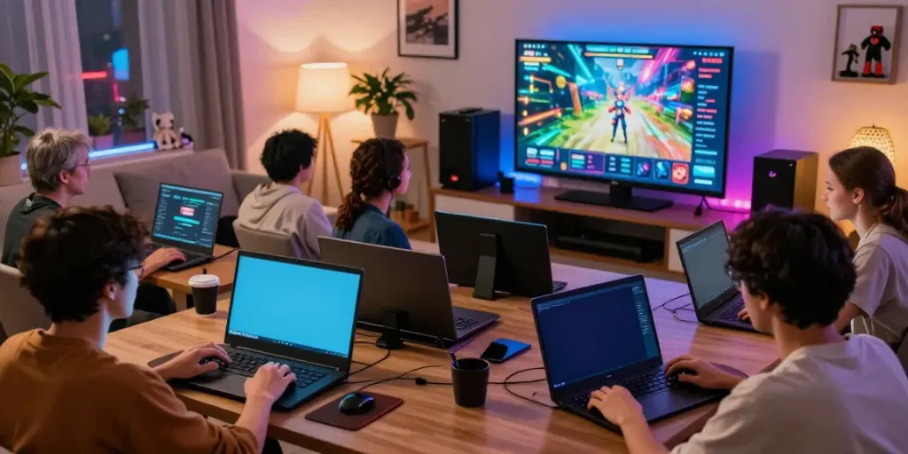 Players enjoying situs singatoto on various devices in a cozy living room gaming environment.