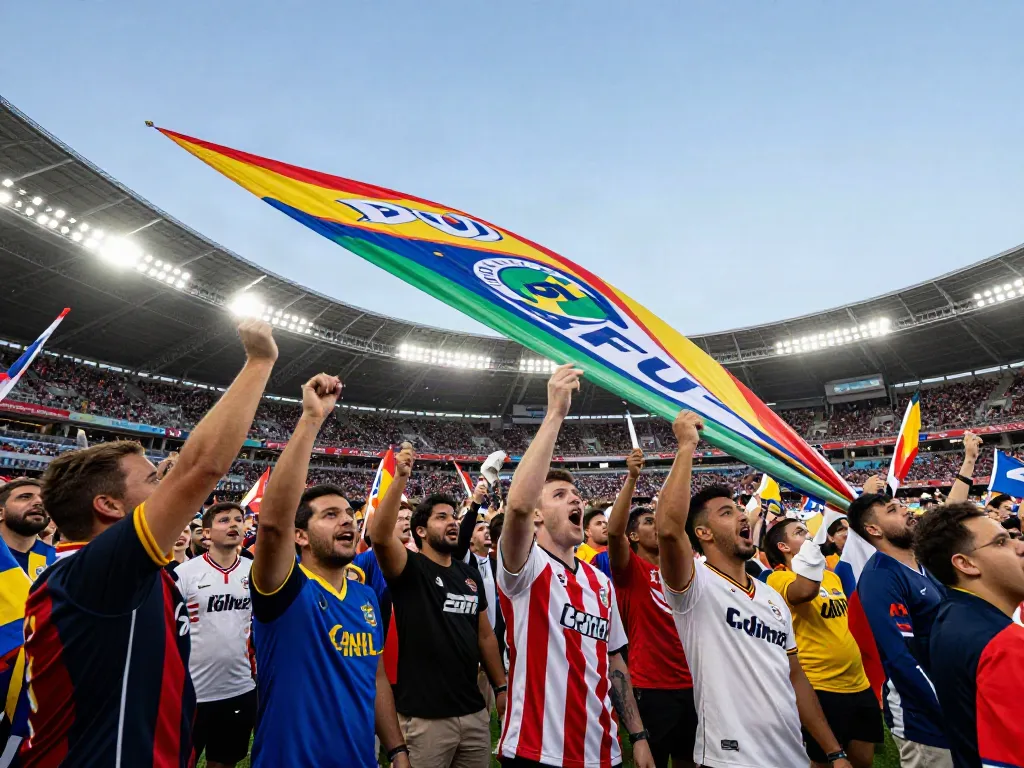 A diverse crowd celebrating banner raising at a stadium event.