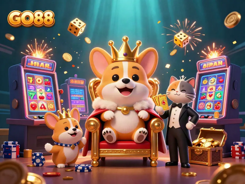 Experience GO88's thrilling casino atmosphere with cartoon characters amidst vibrant slot machine action.