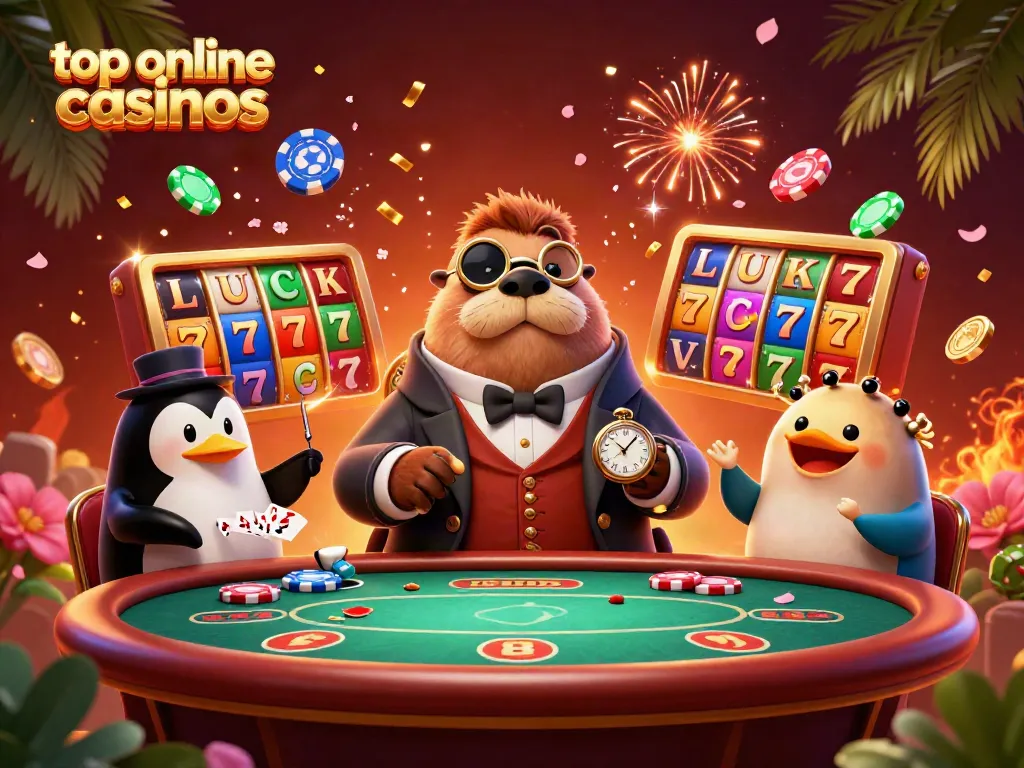 Join the jolly walrus at the top online casinos table, featuring poker, fireworks, and vibrant decor.